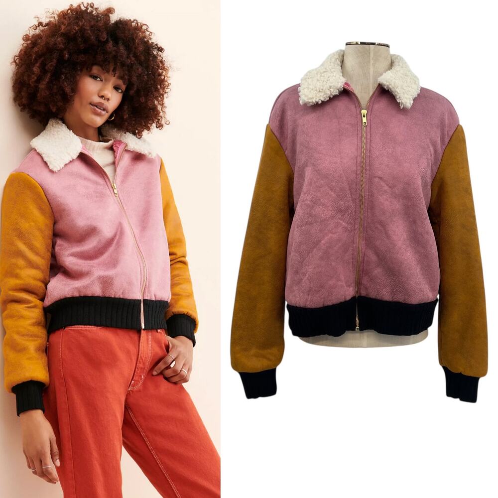 Anthropologie Hutch Faux Suede Colorblock Bomber Jacket Pink Size Medium